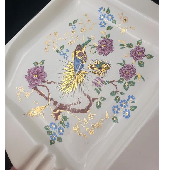 MCM Large Peacock Ashtray Pink Blue Flowers Tree Gold Gilt Accents Asian Art - Picture 5 of 9